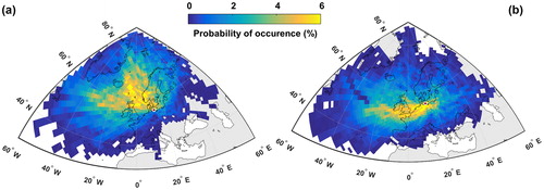 Fig. 14. Probability of occurrence derived from Hysplit 5-days back-trajectories for the swBS region in combination with MODIS c061 daily AOT for April to September of the period 2003–2015. Panels (a) and (b) encompass only the trajectories with MODIS AOTs lower and higher than the 25th and 75th quartiles, respectively. The coordinates of the end points of the trajectories are presented in Table 1.