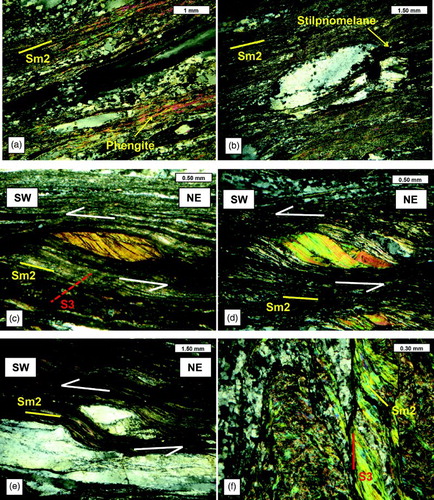 Figure 4. Castagna unit microstructures. (a) Mylonitic foliation Sm2 marked by the blastesis of phengites and quartz ribbon; (b). Sigma structure along Sm2 with syn-kinematic growth of stilpnomelane during Dm2; (c) Biotite fish along Sm2 with top to the southwest sense of shear. Note S3 incipient foliation; (d) Mica fish along Sm2 with top to the southwest sense of shear; (e) Sigma along Sm2 with top to the southwest sense of shear; (f) S3 foliation development marked by the blastesis of white mica; Microphotos in polarised light, crossed nicols.