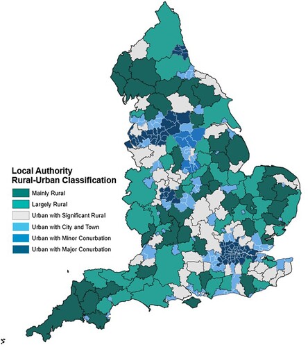 Figure 1. English local authority districts (LADs) by rural–urban classification.Source: DEFRA, RUC11, LAD21. © Crown Copyright and database rights 2023 Ordnance Survey Licence No. 100022861.