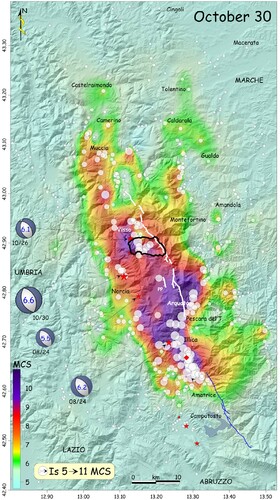 Figure 1. Cumulative effects of the 24th August and 26th and 30th October earthquakes. Red stars, 2016–2017 Ml > V events. Red diamond, macroseismic epicentre. Blue line, active fault segments of the Laga Mounts (dotted if inferred). White line, Mount Vettore fault system, responsible for the 2016 earthquakes (dotted if inferred). Modified after CitationGalli et al. (2017). Black outlined polygon, study area of this work.