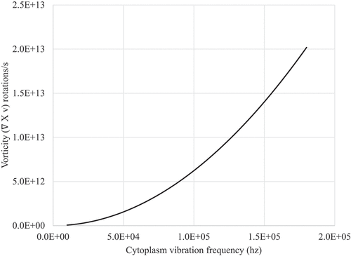 Figure 3c. Vorticity as a function of cytoskeleton vibration frequency.