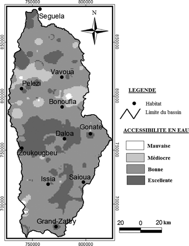 Figure 5. Carte d’accessibilité en eau souterraine du bassin versant de la Lobo.