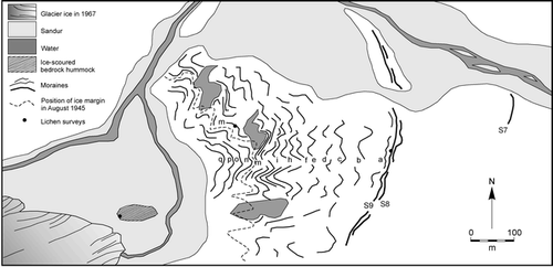 FIGURE 4. Map showing the sawtooth moraine sequence in front of Lambatungnajökull in relation to former ice-margin positions (Compiled from air photographs taken in 1945 and 1967; photos held at Landmaelingar Islands)