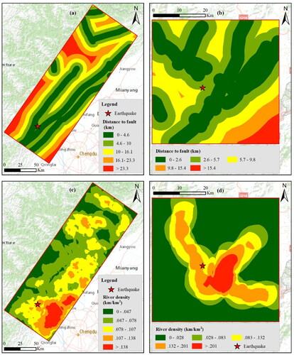 Figure 6. Fault and river data used in Wenchuan and Ludian earthquakes. (a) Distance to fault and (c) river density in Wenchuan; (b) Distance to fault and (d) river density in Ludian.