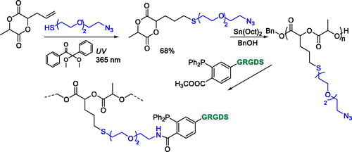 Figure 22. Synthesis of GRGDS-functionalized PLA by ROP of a lactide-type monomer with thioether pendant groups.