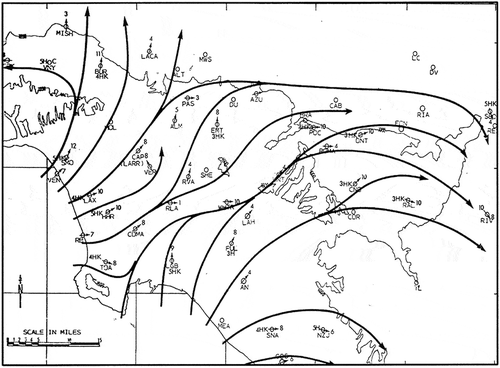 Figure 1. Calculated surface streamlines for midday, September 6, 1973, over the Los Angeles Air Basin. (Calculations from wind data by T. Smith. Source: Hidy et al. Citation1974.)