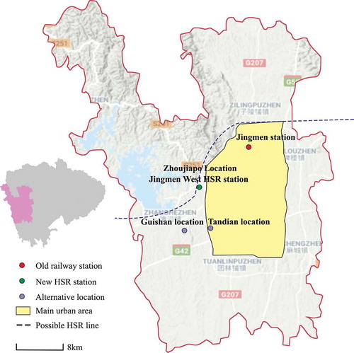 Figure 7. Alternative locations of Jingmen HSR station (Source: the authors)