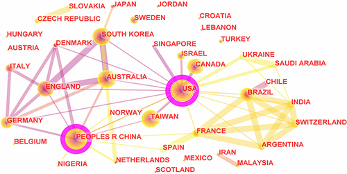 Figure 3 Co-country map related to acupuncture treatment studies for cancer pain.