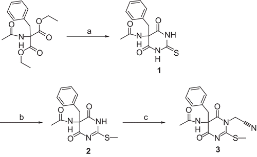 Scheme 1.  Synthesis of compound 3. Reagents and conditions: (a) (NH2)2CS, NaOEt, EtOH, reflux; (b) 1 N NaOH, CH3I, acetone, room temperature; (c) BrCH2CN, (nBu)4NBr, 1 N NaOH, H2O/CH2Cl2.
