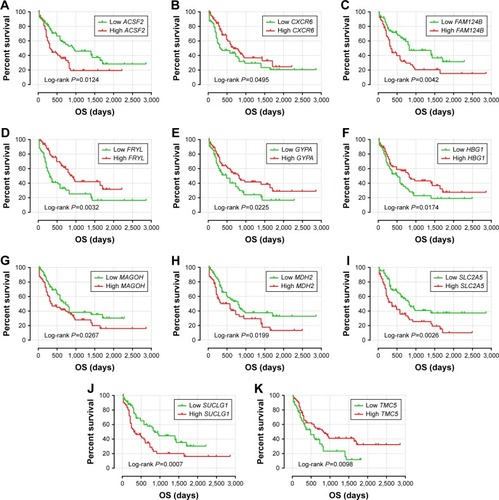 Figure 4 The prognostic value of the 11 genes for AML patients in the TCGA-LAML cohort.