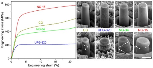 Figure 4. (a) Engineering stress-strain curve of CG and as-deformed Al–21.7Zn alloy (as indicated). SEM image of CG (b1–b2), UFG-320 (c1–c2), NG-34 (d1–d2) and NG-15 (e1–e2) micropillar before and after compression, respectively (image tilt angle 52°). Scale bar, 5 μm.