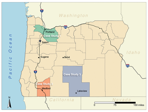 Figure 3. Locations of case studies 1–3 within Oregon.