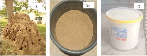 Figure 1. Pictorial view of (a) Anthill mount (b) processed sawdust and (c) processed rice husk.