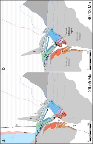 Figure 11. Retro-deformation of the Aotearoa-New Zealand plate boundary zone. Crustal block reconstruction presented for the A, Late Oligocene and B, Middle Eocene. The trends of the rigid crustal blocks within the plate boundary zone are based on the assumption of contiguous basement terranes between North and South Zealandia prior to transform motion (Figures 1 and 5).