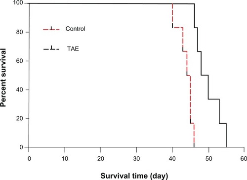 Figure 4 The mean survival time in both groups. The mean survival time in the TAE group was significantly longer than that in the control group.