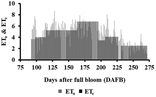 Figure 2. Reference evapotranspiration (ETo) and estimated crop evapotranspiration (ETc) applied in the orchard during the irrigation season of 2014 (91 DAFB (10/05) to 265 DAFB (31/10) included). ETo and ETc totaled 811 and 785 mm, respectively