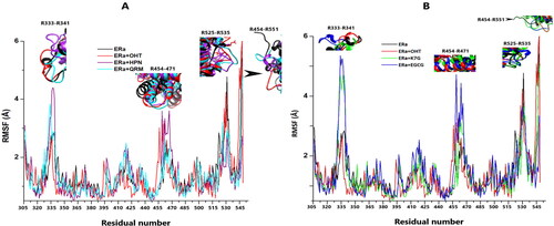 Figure 8. (A) The RMSF plots for the apo system (black), OHT complex (red), HPN (cyan) complex and QRM (purple) complex. (B) The RMSF plots for the apo system (black), OHT (red) complex, K7G (green) complex and QRM (blue) complex.