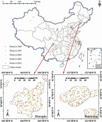 Figure 5. Distribution of validation points for the 1990–2010 urban impervious surface area (UISA) products of 433 chinese cities with populations over 300,000. The black rectangles mark the location of the urban extent polygons of Chengdu City (Sichuan Province) and Shenyang City (Liaoning Province).