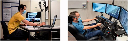 Figure 3. Experimental setup used in the study. The experimenter (left) monitors the participant’s performance and triggers vibrotactile cues to guide him to the next target along the route. The participant (right) controls a general aviation aircraft and tries to identify objects in the simulated environment while wearing eye tracking glasses and a tactile belt.