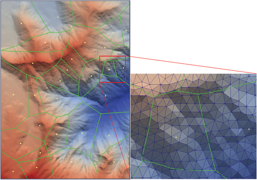 Figure 11. GVD (green curves) with 30 random sources (yellow points), with a close view on the right.