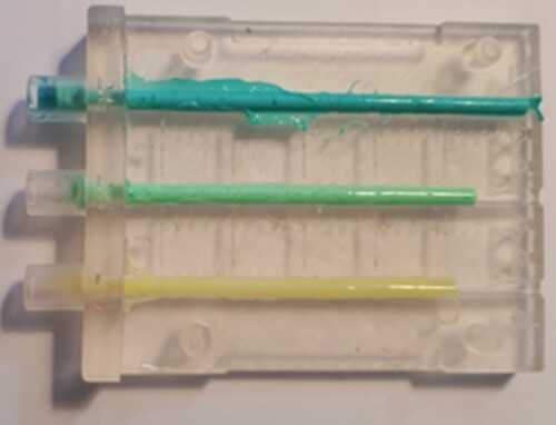 Figure 8. Preparation of agarose thrombi by casting into a homemade mould with a diameter of 2.5 mm.