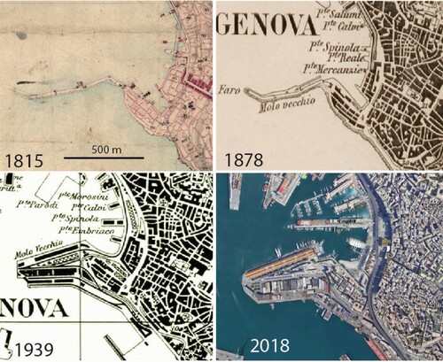 Figure 6. Historical cartographic and photographic comparison of the piers of the ancient port.