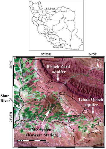 Figure 1. Study site of the Gareh Bygone Plain and schematic location of floodwater spreading (FWS) systems (internal thin lines) surrounded by the two main aquifers (thick lines) illustrated on Landsat TM5 RGB742 captured on 14 August 2015.