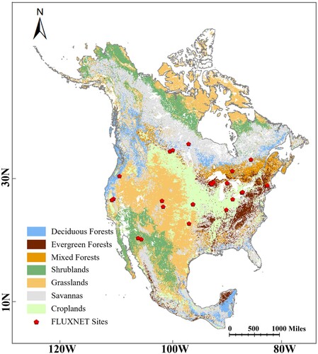 Figure 1. The map of vegetation types across the continent of North America. The red points indicate the locations of flux tower sites.