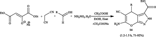 Scheme 16. Synthesis 6-amino-4-aryl-5-cyano-2,4-dihydropyrano[2,3-c]pyrazole-3-carboxylates by a four-component reaction in the presence of acetic acid.
