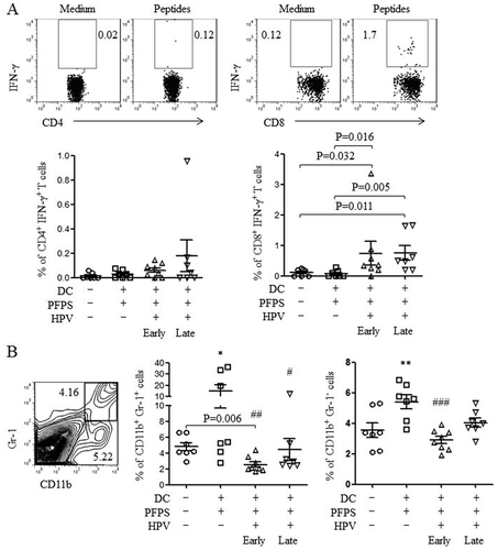 Figure 4. HPV-specific cellular responses and the frequencies of MDSCs and macrophages.Splenocytes were isolated from tumor mice at the end of this experiment. (A) Splenocytes were stimulated with HPV-16 E6 and E7 peptides overnight. HPV-specific cellular responses were analyzed by flow cytometry. The representative dot plots are shown in upper panels and the summary data (mean± SEM) of HPV-specific CD4+ and CD8+ T cells are shown in lower panels. P values (Mann-Whitney test) are given. (B) The frequencies (mean± SEM) of MDSCs (CD11b+Gr-1+) and macrophages (CD11b+Gr-1−) in spleens of tumor mice were detected by flow cytometry. The contour panel shows the gating strategy. P value (Mann-Whitney test) is given. *p < 0.05 and **p < 0.01 (ANOVA) compared to control group. #P < 0.05, ##P < 0.01 and ###P < 0.001 (ANOVA) compared to PFPS + DCs group.