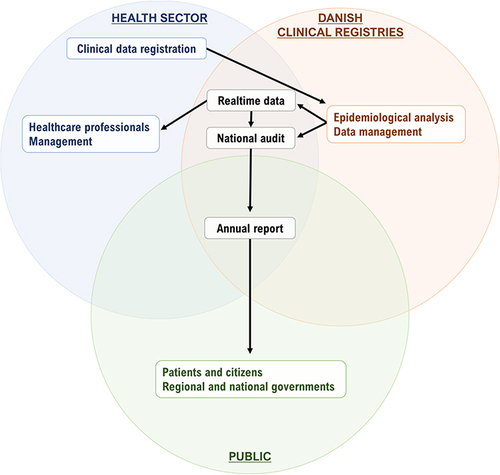 Figure 1 The Danish Atrial Fibrillation Registry. Information flow between the steering committee, clinicians, and stakeholders, including hospital management, regional administrators, politicians, the national health board, and the national government.