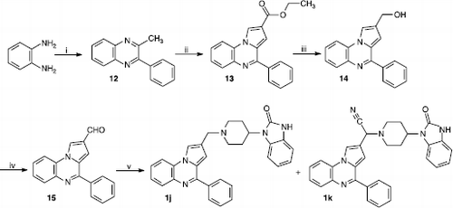 Scheme 3 Synthesis of the 1,3-dihydro-1-{1-[4-(4-phenylpyrrolo[1,2-a]quinoxalin-2-yl)methyl]piperidin-4-yl}-2H-benzimidazol-2-ones 1j-k. Reagents and conditions: (i) C6H5COCOCH3, AcOH, Δ; (ii) BrCH2COCOOC2H5, EtOH, Δ; (iii) LiAlH4, THF, Δ; (iv) MnO2, CHCl3, Δ; (v) 4-(2-ketobenzimidazolin-1-yl)piperidine, NaBH3CN, MeOH, Δ.