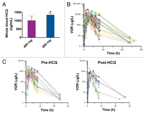 Figure 2. The addition of HCQ does not significantly impact the pharmacokinetic profile of VOR. (A) Quantification of whole blood concentrations of HCQ. HCQ concentrations were determined as described in Patients and Methods. HCQ levels for patients that received 400 mg and 600 mg HCQ are shown. *Indicates P < 0.05. (B) Serum concentrations of VOR. The concentrations of VOR in the serum of patients enrolled on the study were quantified as detailed in Patients and Methods. Plot shows the time dependence of serum VOR levels (concentration vs. time). Numbers indicate the subject number. Post-HCQ concentration curves are marked with a (0.1) after the patient number. (C) Comparison of VOR levels over time in specimens collected pre- and post-HCQ treatment. Pre-HCQ VOR concentrations are plotted on the left (n = 30), post-HCQ VOR levels are plotted on the right (n = 14). Wilcoxon Signed Rank testing determined that the time-dependence of VOR concentrations was not significantly affected by the addition of HCQ.