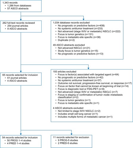 Figure 1 Flowchart of advanced non-small-cell lung cancer patient heterogeneity reference review.Note: PROG-1–5 and PRED-1–5 represent a rating system for prognostic and predictive studies, respectively, where one is high and five is low.Abbreviations: ASCO, American Society of Clinical Oncology; FDG-PET, fluorodeoxyglucose positron emission tomography; NSCLC, non-small-cell lung cancer.