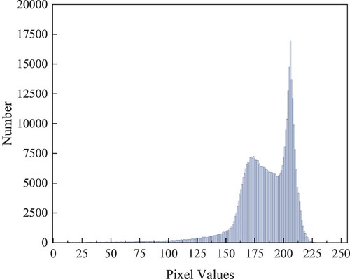 Figure 1. Histogram of a greyscale image of CT scan processed asphalt slice after the morphological operation (e.g. denoising, smoothing, opening, and closing).