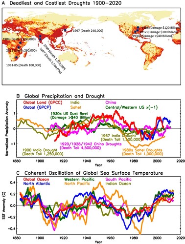 Fig. 2 (A) The deadliest and costliest droughts in the past 120 years (1900–2020). Shading shows the population density in 2015. Damage has been adjusted to 2020 US dollars. (B) Global and regional mean precipitation anomalies (see text for details). Note the central/western U.S. anomalies have been multiplied by −1. (C) Global and basin-averaged SST anomalies from the ERSST dataset (detrended). The anomalies are smoothed with 11-year running mean to display the low-frequency variability at decadal and longer timescales.