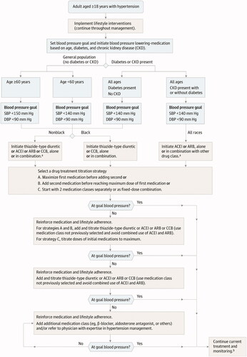 Figure 1. 2014 Hypertension Guideline Management Algorithm (reproduced with permission from James et al. [Citation2014]). Hypertension management algorithm recommending alternate pathways for “Nonblack” and “Black” patients without chronic kidney disease (CKD). Angiotensin-converting enzyme (ACE) inhibitors or angiotensin receptor blockers (ARBs) are not recommended as initial therapy for Black patients.