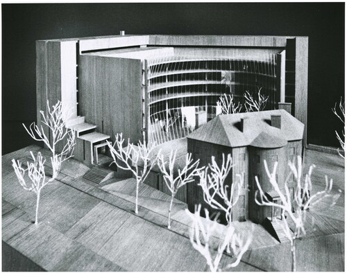Figure 1. Mitchell/Giurgola Architects, AIA Headquarters, Washington, DC, Competition Project. Photograph of the winning competition entry model. The Octagon House is in the foreground of the corner site with 18th Street to the left and New York Avenue on the right. The proposed additions are in the background. Source: Mitchell/Giurgola Collections, The Architectural Archives, University of Pennsylvania (collection 267), Philadelphia. Photograph by Rollin La France.