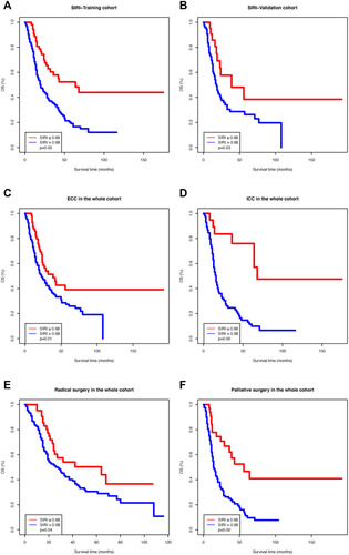 Figure 1 Kaplan–Meier survival curves of different systemic inflammation response index (SIRI) groups. (A) Training cohort; (B) Validation cohort; (C) Patients with extrahepatic cholangiocarcinoma; (D) Patients with intrahepatic cholangiocarcinoma; (E) Patients who received radical surgery; (F) Patients who underwent palliative surgery.