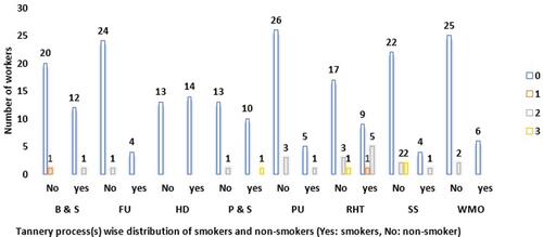 Figure 2 Stagewise (GOLD) distribution of COPD patients among tannery-workier cohorts: difference for smokers and nonsmokers. 0, no disease; 1, GOLD stage 1; 2, GOLD stage 2; 3, GOLD stage 3.