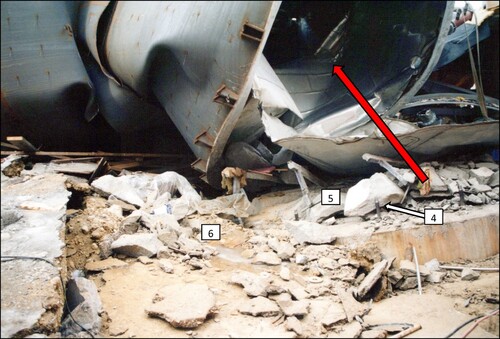 Fig. 5: The base plate after the collapse; the direction of the fall to the left (red arrow).Citation4 (4) Connection bars at the base slab; (5) inner part of the base slab; (6) outer part of the base slab