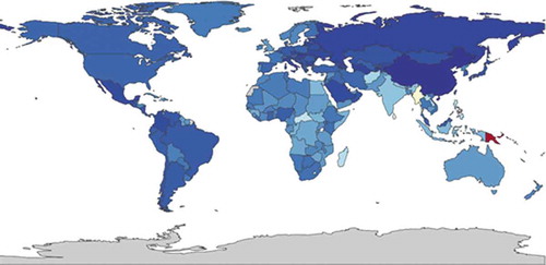 Figure 2. DALYs per 100,000 in patients with asthma, both sexes, all ages, 2015 (https://vizhub.healthdata.org/gbd-compare/)