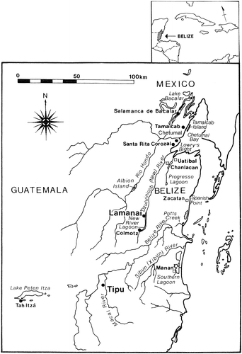 Figure 1 Map of Belize showing locations of Tipu and Lamanai and other known Spanish-period communities in northern Belize (drawing by Debora Trein and Emil Huston).