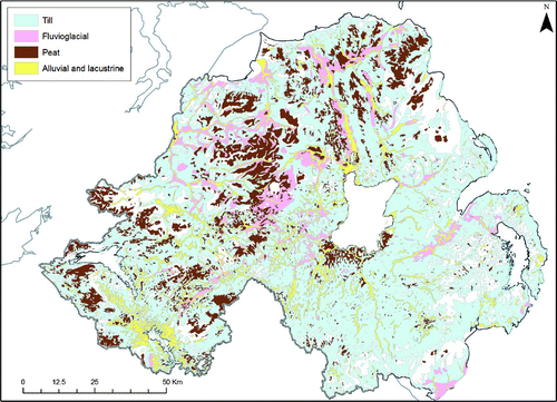 Figure 2. Northern Ireland 1:250,000 Superficial Geology (GSNI, 1991). The region is dominated by till, with locally important fluvioglacial deposits.