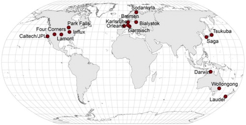 Figure 3. Global distribution of the 16 TCCON sites used for the comparison with the mapping dataset, and the global land study area for mapping in gray.