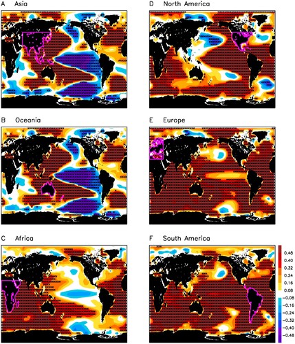 Fig. 20 Correlation of the 100–400-year filtered global SST anomalies in the past 2000 years from the LMR reanalysis with the 100–400-year filtered area-averaged precipitation anomalies for (a) Asia, (b) Oceania, (c) Africa, (d) North America, (e) Europe, and (f) South America. Black stars denote the grids with correlation coefficient above the 95% confidence level. Magenta lines denote the region for PDSI averaging.