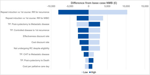 Figure 3. Tornado diagram for one-way sensitivity analyses. The ten most influential drivers of cost-utility results are presented. Abbreviations. CHT, Chemohyperthermia; MIBC, Muscle-Invasive Bladder Cancer; NMB, Net Monetary Benefit; RC, Radical Cystectomy; RR, Relative Risk; TP, Transition Probability.