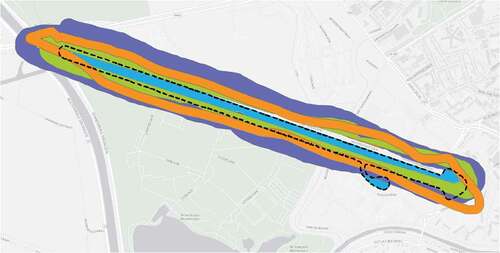 Figure 12. Marker input of three different respondents (purple, orange, green) in a perimeter-like fashion around the Watersportbaan. Watersportsbaan is a rowing lane in the west of Ghent, indicated with a black dashed line and a blue fill. [two-column].