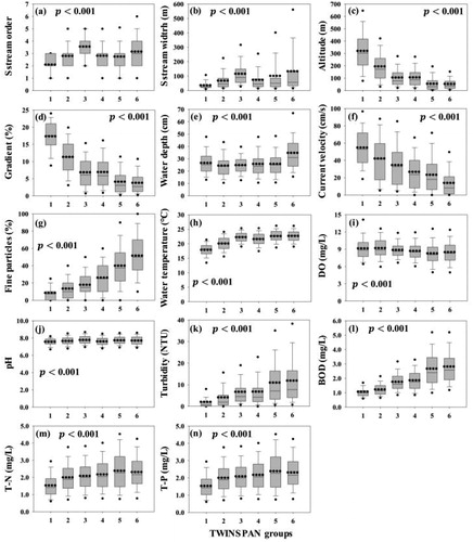 Figure 3. Distribution of each environmental variable for two-way indicator species analysis (TWINSPAN) clustering groups. (a) Stream order, (b) stream width, (c) altitude, (d) gradient, (e) water depth, (f) velocity, (g) fraction of fine particles in substrates, (h) water temperature, (i) dissolved oxygen (DO), (j) pH, (k) turbidity, (l) biological oxygen demand 5-day test (BOD), (m) total nitrogen (TN), (n) total phosphorus (TP). The boxes represent the 25th and 75th percentiles, and the whiskers indicate the 5th and 95th percentiles with standard deviations (error bar). The horizontal dotted lines and solid lines in each box represent the mean and median, respectively. All environmental variables showed statistically significant differences (p < 0.001) in each group according to one-way analysis of variance.