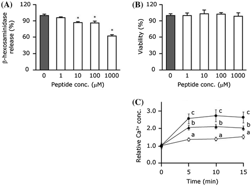 Fig. 1. Effects of HAQ peptide on the release of β-hexosaminidase (A), cell viability (B), and [Ca2+]i (C) of RBL-2H3 cells. (A) DNP-specific IgE-sensitized RBL-2H3 cells were challenged with DNP-HSA for 30 min. HAQ peptide was added at 10 min before antigen challenge. (B) Cell viability was measured using cell count reagent SF solution after various concentrations of HAQ peptide were added to anti-DNP IgE-sensitized RBL-2H3 cells followed by stimulation with DNP-HSA. (C) [Ca2+]i was measured by Calcium Kit-Fluo-3. Anti-DNP IgE-sensitized cells were incubated with Fluo-3 AM for 1 h and then incubated with 500 μM HAQ peptide or PBS for 10 min. Then, the treated cells were stimulated with DNP-HSA, and the fluorescence intensity was measured. (○), non-HAQ peptide-treated cells not sensitized with anti-DNP IgE; (▲), HAQ peptide-treated cells stimulated with antigen; (●), non-HAQ peptide treated cells stimulated with antigen.